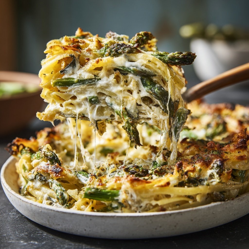 Vegetarischer Nudelauflauf mit grünem Spargel