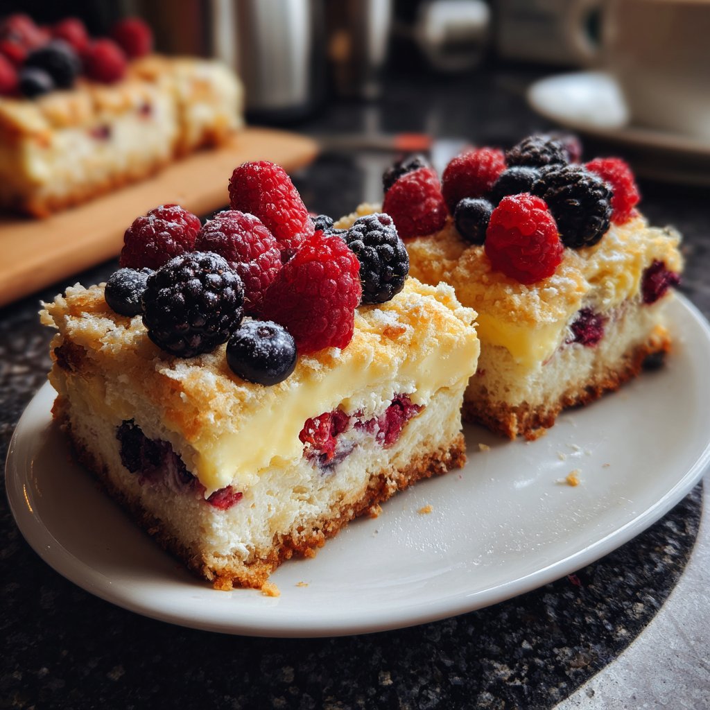 Blechkuchen mit Beeren und Vanillepudding