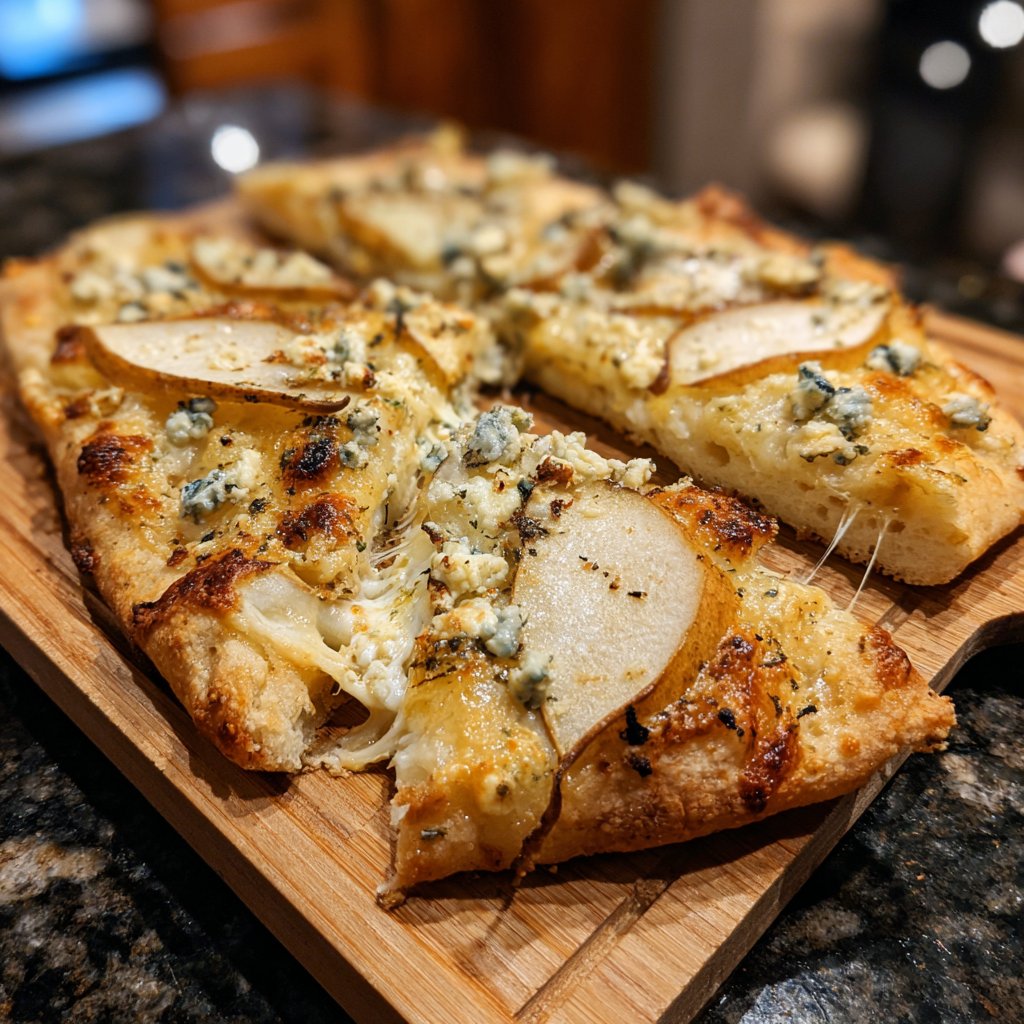 Flammkuchen mit Birne und Blauschimmelkäse
